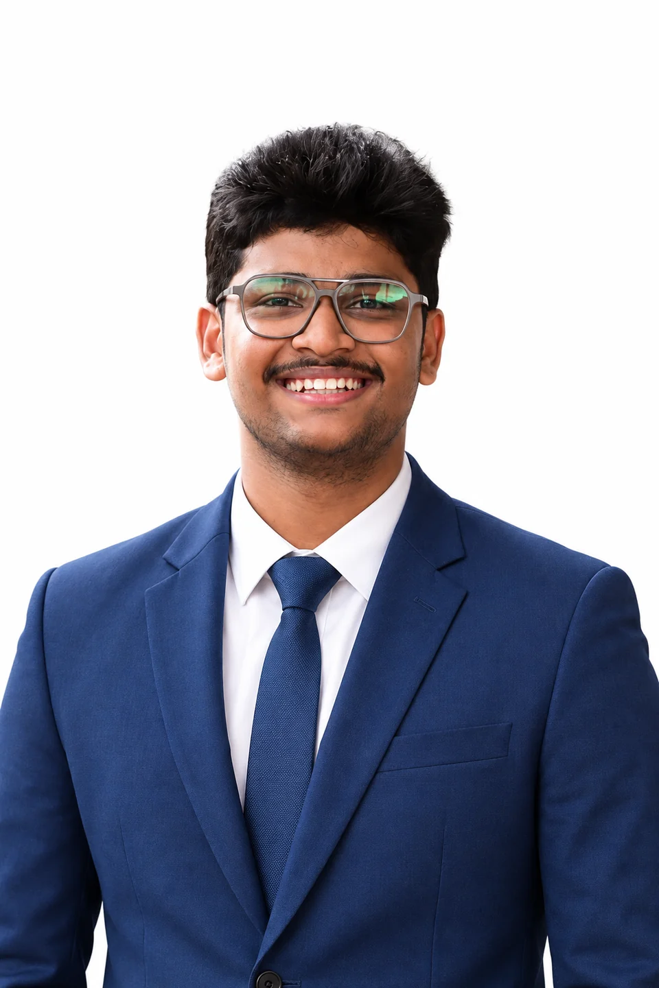 Md Khaja Eshaq smiling in a blue suit
